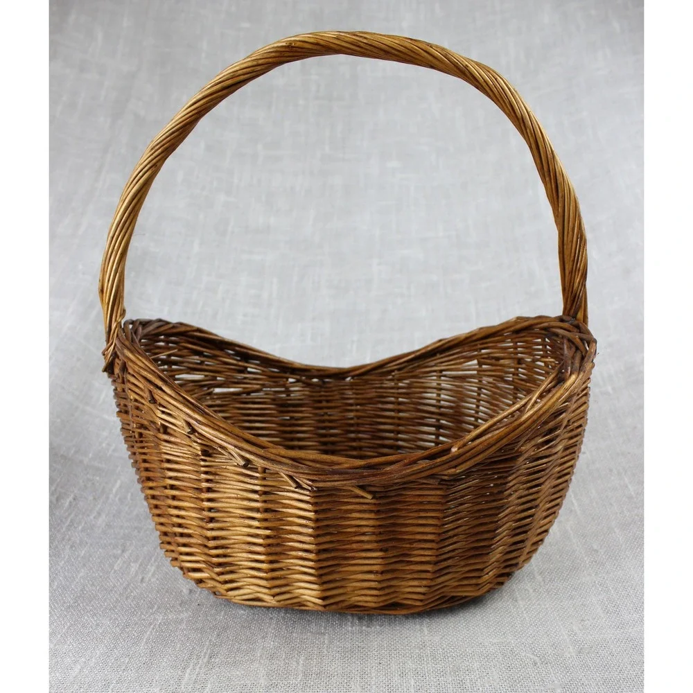 Vintage Woven Wicker Basket with Handle Brown Willow Picnic Gathering Decor